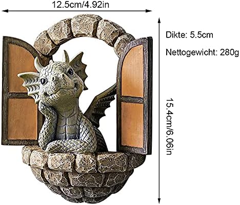 Beenle-Icey Courtyard Dinosaur Sculpture Wall Decoration, Weatherproof Resin Statue Miniatures, Little Dragon Meditating in Front of The Window Art Figurines Decor Ornaments for Patio Yard Garden