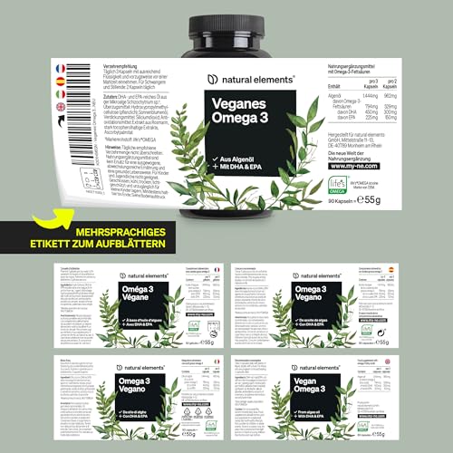 natural elements Omega 3 vegan aus Algenöl - 90 Kapseln - Hochdosiert mit hochwertigem EPA und DHA (in Triglycerid-Form) - Omega-3 für Veganer, Laborgeprüft, nachhaltig und von Natur aus schadstoffarm