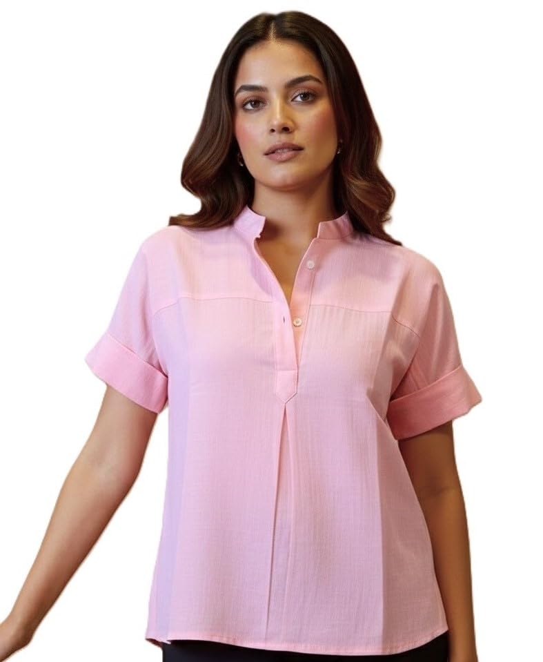 Image of Maaesa Women Solid Rayon Mandarin Neck Regular Fit Top | Short Sleeves | Lightweight & Breathable | Casual Wear & Office Wear