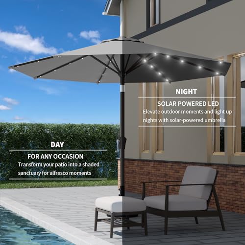 Image of 9FT Patio Umbrella with Solar Lights,Outdoor Market Umbrella with Tilt and Crank, LED Lighted Table Umbrella for Garden,Deck,Backyard,Pool,Beach (Light Gray)