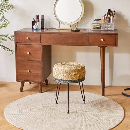 YMYNY-Pouf-Ottoman-Handmade-Natural-Water-Hyacinth-Pastoral-Style-Footrest-Footstool-with-4-Metal-Legs-Round-Vanity-Stool-for-Bedroom-Hallway-Living-Room-1259L1259W1771H-Black-UHBD029B YMYNY Pouf Ottoman Handmade Natural Water Hyacinth Pastoral Style Footrest Footstool with 4 Metal Legs Round Vanity Stool for Bedroom Hallway Living Room 1259L1259W1771H Black UHBD029B