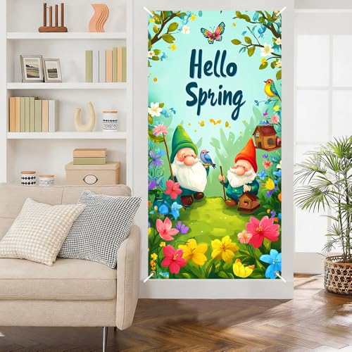 Image of Hello Spring Gnome Door Cover 35x71in Bird Butterfly