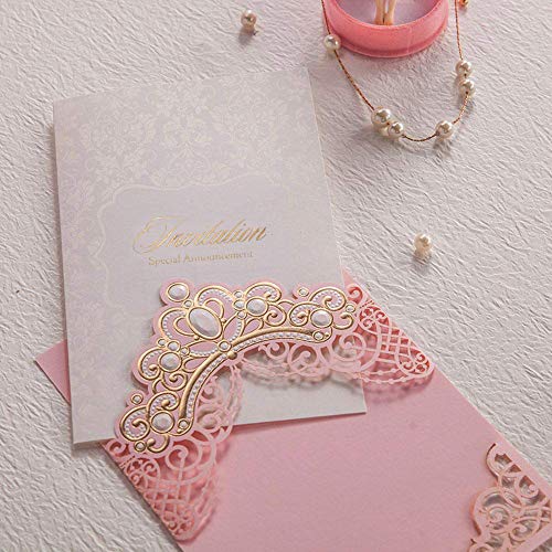 「Princess Dream」Wishmade 50Pcs Pink & Gold Wedding Invitations Cards Sets, Laser Cut Crown Quinceañera Baby Shower Bridal Shower Girls Birthday Party Invites Card With Envelopes Customized #TOP4