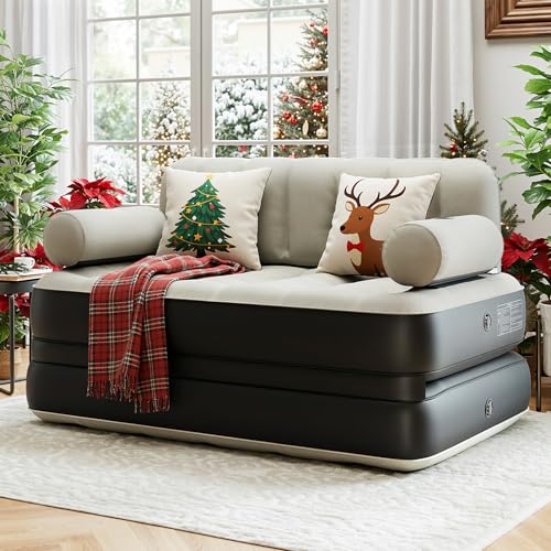 DWVO Sofa Bed Mattress with Headboard, Queen Size Inflatable Sofa Bed with Pump & Cup Holders, Blow Up Couch for Home/Apartment/Camping, Gray & Black