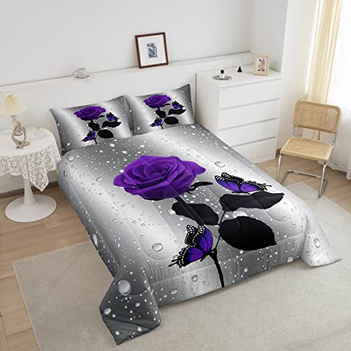 3D Rose Comforter Set Rose Floral Print Bedding Set Romantic Flowers Comforter For Kids Boys Girls Children Teens Bedroom Decor Purple Rose Butterfly Duvet Set King Size Quilt Set With 2 Pillow Case #TOP2
