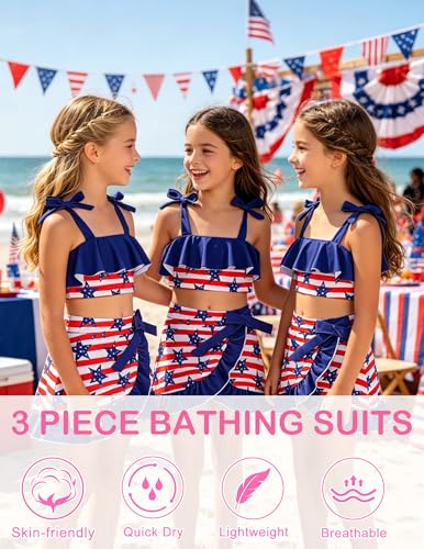 Image of ALISISTER Girls Swimsuit 3 Piece Bathing Suits Flounce Bikini Tankini Set Beach Swimwear with Cover Ups Skirt for 3-8 Years