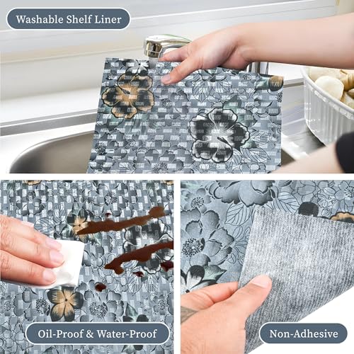 Image of Kuber Industries 5 Meter PVC Anti Slip Roll | Shelf Liners for Kitchen Shelves | Cupboard Liners for Wardrobe | Drawer Mats /Sheets for Cabinets | Black Flower - Grey