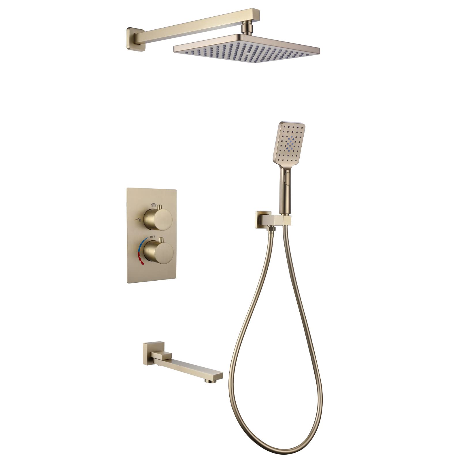Duschsystem mit Badewanne Ausguss Dusche Wasserhahn Set gebürstete Gold Regenmischer Duschkombination versteckte 3 -Wege -Duschkanzlei mit 10 Zoll Regen Duschkopf, 3 Modi Handheld Spray