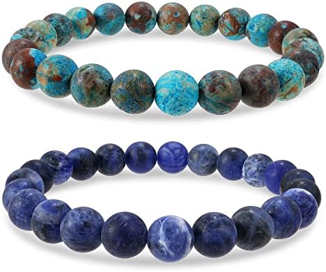 Bivei Beaded Bracelets Healing Crystals Natural Gemstone Semi Precious Handmade 8mm Round Beads Stretch Bracelet for Man Women(Blue Lace Agate with Sodalite Bracelets)