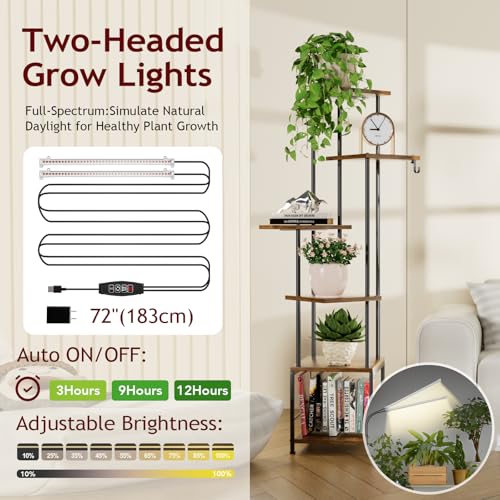 Image of Homsorout Plant Stand Indoor with Grow Light - 6-Tier Metal Plant Shelf with Hanging Basket Hook, Corner Tall Flower Holder for Multiple Plants, Living Room Balcony Garden Patio, Rustic Brown