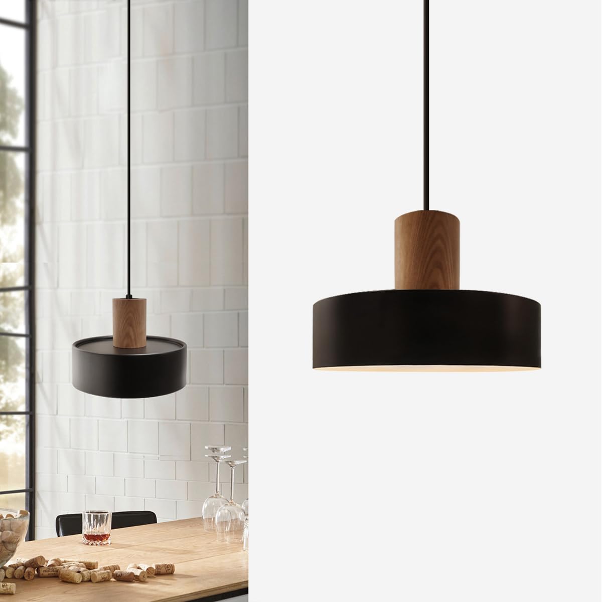 Island Pendant Lights for Kitchen,Modern Black Pendant Light,Natural Wood and Metal Shade 9.8”,Industrial Adjustable Hanging Light for Sink,Dinning Room,Over Table,Bedroom,Bar,Farmhouse,Hallway,E26
