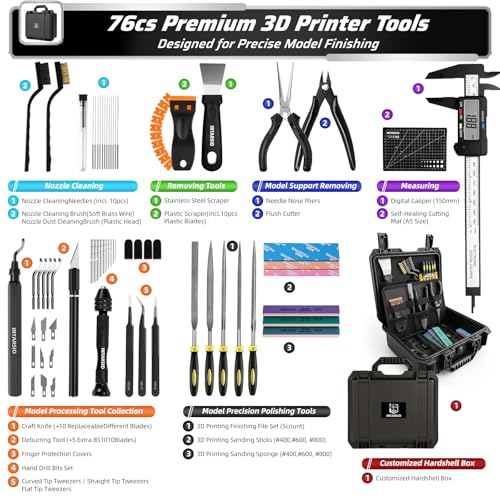 Image of 76pcs 3D Printer Tools Kit for Model Finishing /Deburring /Drilling /Polishing, 3D Printer Accessories incl. Flush Cutter, Pilers, Digital Caliper, for Bambu Lab, Flashforge, K2, FDM /SLA Printers etc