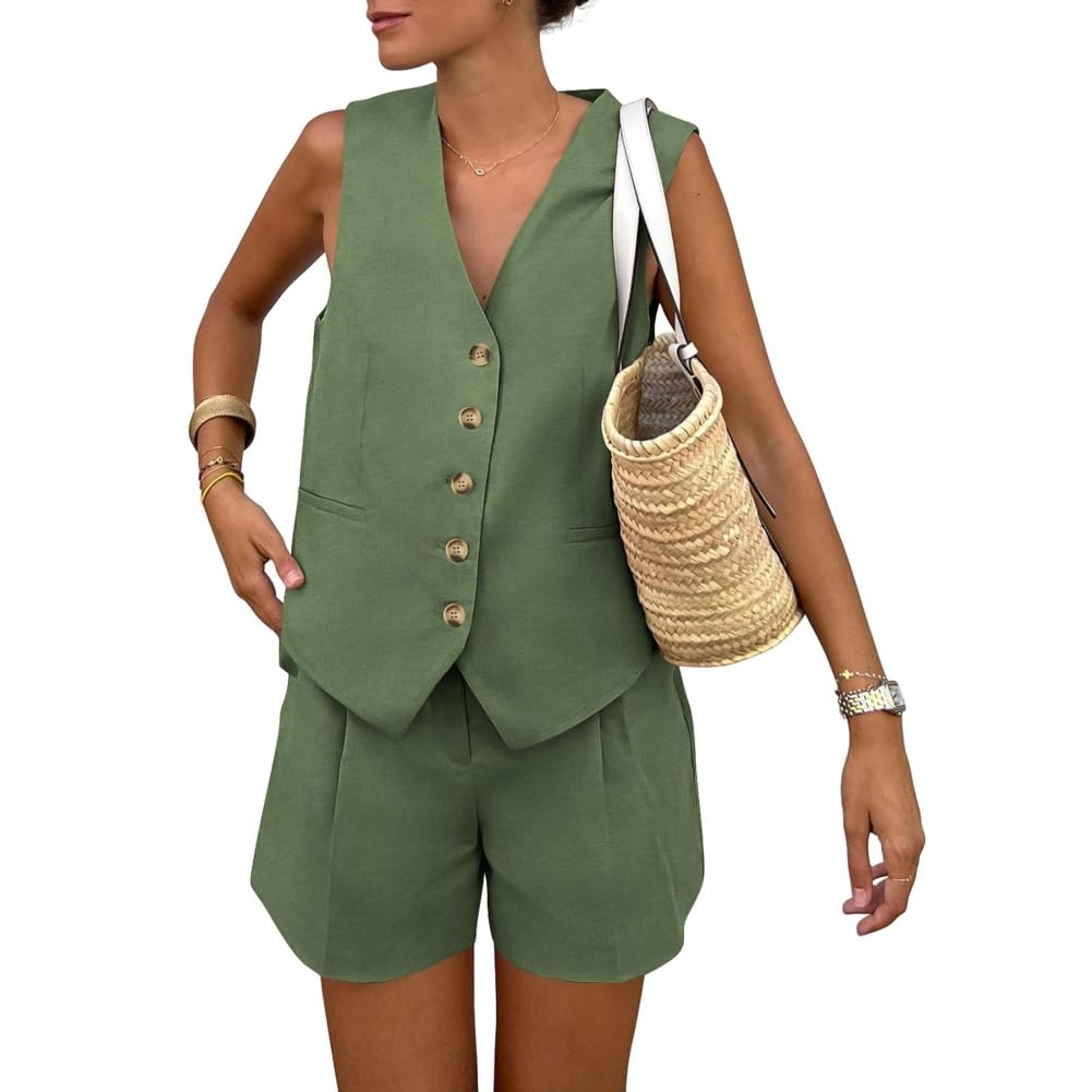 Combinaison d'été deux pièces pour femme, gilet sans manches col en V boutonné, short deux pièces pour femme