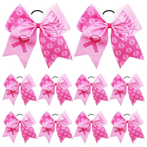 Umiboow 10 Pcs Breast Cancer Awareness Glitter Cheer Bows 8 Inches Large Pink Ribbon Cheerleader Bow Glitter Ponytail Holders Pink Elastic Hair Tie Band for Girls Women(Color C)