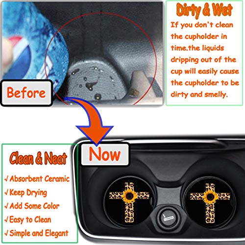 Car Coasters 2 Pack, Small 2.56" Absorbent Ceramic Coaster for Car, Keep Cup Holders Clean and Dry, Auto Coasters Set for Women Men Cup Holder, Leopard Print Cross with Sunflower Style Car Coasters - image 4