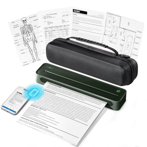 Image of D90E Inkless Portable Printer for Travel, Supports 8.5 x 11 Inch Thermal Paper Wireless Thermal Printer Bluetooth, with Travel Case & 10 Sheets for Students, Office, School, Dark Green