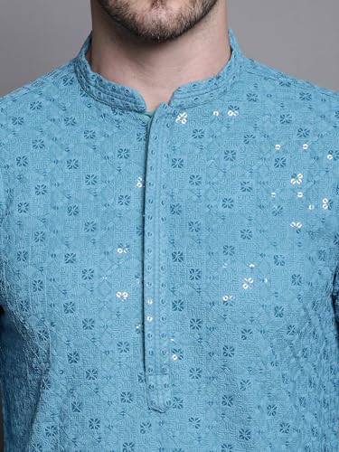 Image of Jompers Men's Geometric Sequin Embroidered Pure Cotton Kurta with Pyjamas Set