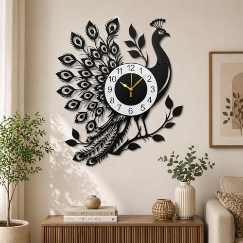 Image of Wall Clock Stylish Metal Analog Wall Clock for Living Room, Bedroom, Office, Kitchen, Home and Hall | Antique Fancy Big Size Modern Wall Watch (Black ST-64, 60 CM)