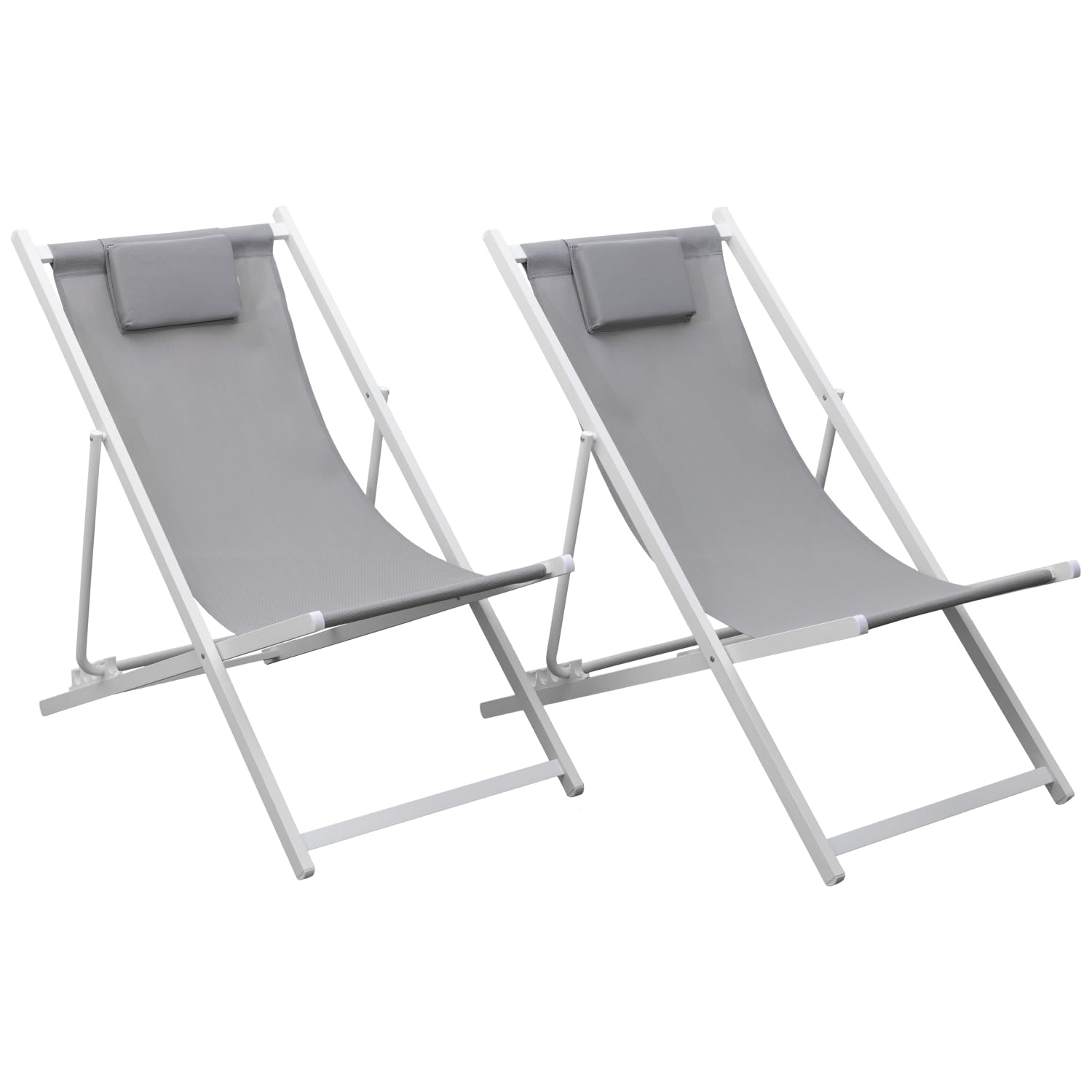 Happy Garden Lot de 2 chiliennes Cyprus en textilène Gris et Structure en Aluminium Blanc - Transats avec Coussin Repose-tête - Idéal pour Jardin, Terrasse et Patio