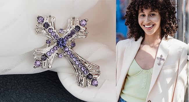 Image of Cross brooches and pins for women Sparkling Aquamarine Clear Crystal Rhinestones Holy Cross Christian Religious Jewelry