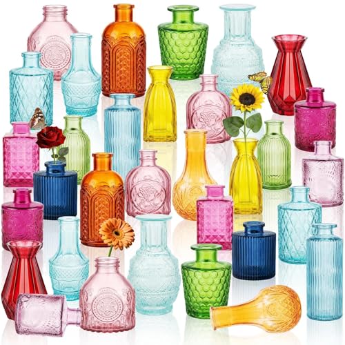 Anquephd 32 PCS Assorted Vintage Bud Vases Colorful Glass Small Vases Bulk for Centerpieces Wedding Table Decor Home Decorations & Gifts (Colorful rieires)