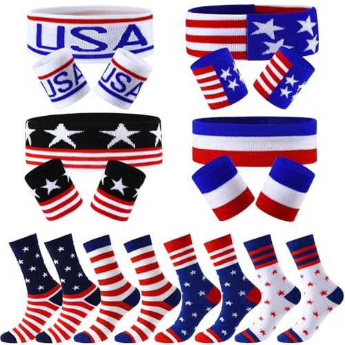 Image of Soulchen 20 Pcs 4th of July Sweatband American Flag Headband Wristband and Socks Set Red White Blue Striped Athletic Sweatband Set Independence Day Head Band for Men Women Sports Workout