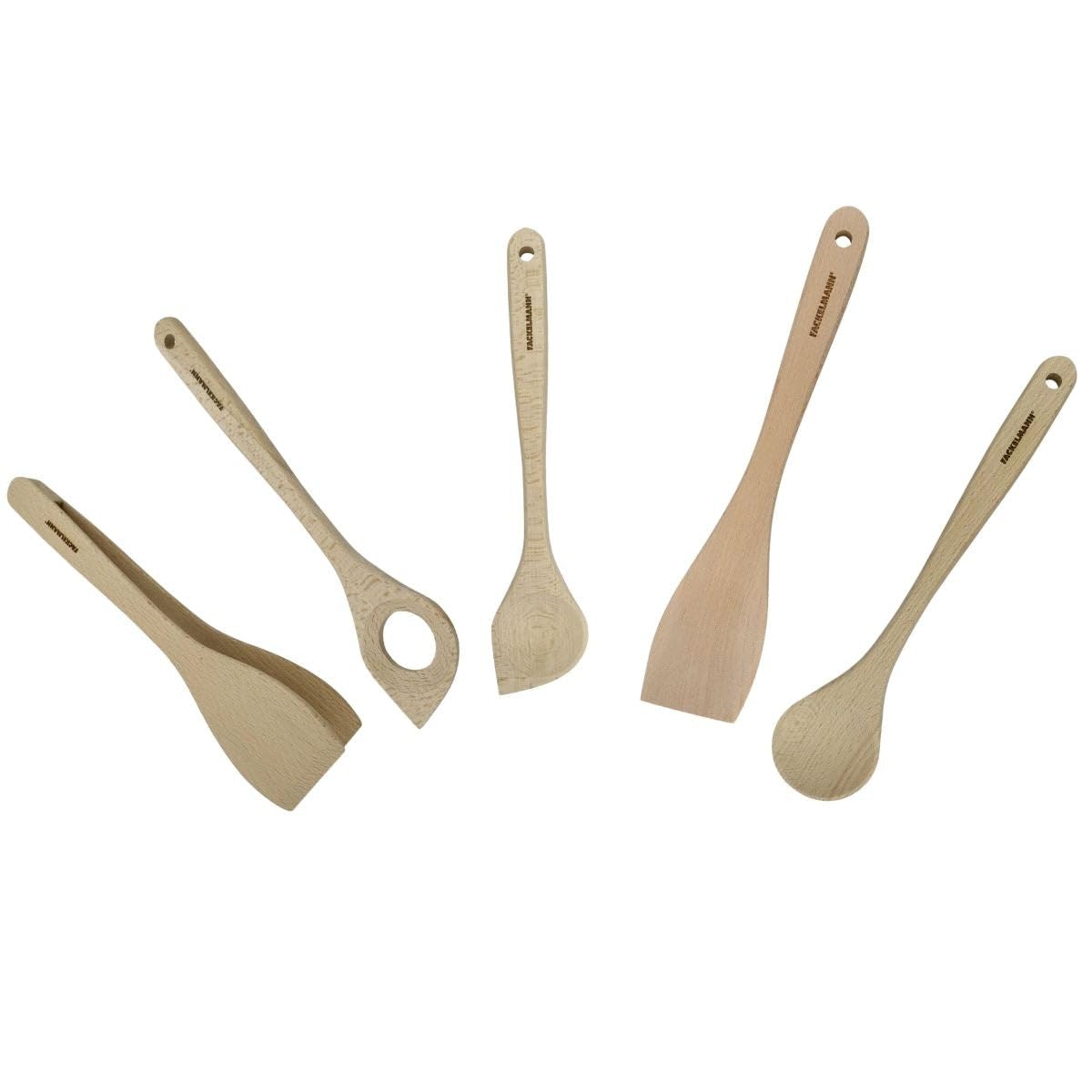 Fackelmann 9990050 Küchenutensilien-Set, 5-teilig, Küchenzange, Risottolöffel, Reislöffel, Spachtel, Löffel, FSC-Holz, ca. 30 cm
