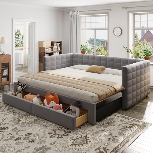 Kebnor Cama tapizada 3 en 1 sofá cama extensible 90 x 190 cm, cama multifunción con cajones, convertible en cama individual o doble con somier de láminas, algodón y lino (colchón no incluido) (gris)