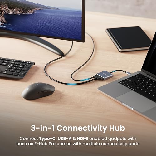 Image of Ambrane 3-in-1 Multiport USB Hub | Type C To HDMI Adapter |Connector| 100W PD Fast Charging Ports | upto 5 Gbps High-Speed Data Transfer for laptops, MacBook, Tablets & Smartphones (E-Hub Pro, Grey)