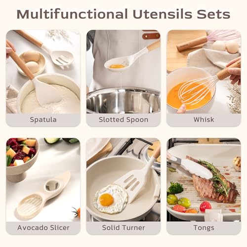 Image of Astercook Kitchen Utensils set, 39 PCS Silicone Cooking Utensils Set with Wooden Handle, 446F Heat Resistant Food Grade Utensil Sets, BPA Free Kitchen Gadgets Tools Set for Nonstick Cookware (Cream)