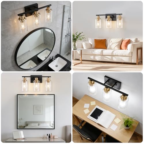 Image of Bathroom Light Fixture Black Gold Vanity Lights Over Mirror, 3 Light Wall Sconces Lighting with Clear Glass Shades, Modern Wall Lights Wall Lamp for Mirror, Hallway Kitchen Bedroom Cabinet