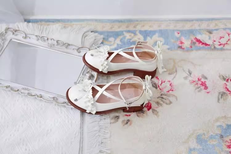 Cute Mary Jane Ballet Flats for Women Round Toe Cross Ankle Strap Adjustable Buckle Bow Studded Lolita Comfortable Shoes4