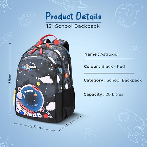 Image of Gear Astro Kid 15 inch /20L Small Water Resistant School Bag | Casual Backpack | Daypack | Travel Backpack | Kids Bag for Boys /Girls (Black - Red)
