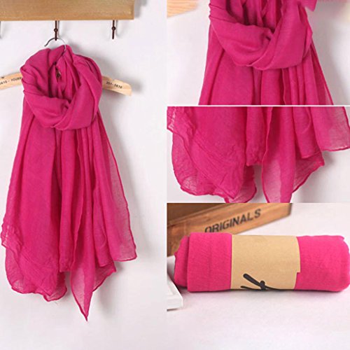 Women Solid Color Long Scarf Wrap Vintage Cotton Linen Large Shawl Hijab Elegant Hot Pink2