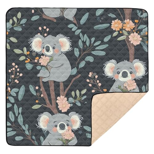 BOESI Doodle Koala and Floral Baby Play Mat, 50“ X 50” Washable Folding Crawling Mat, Baby Floor Mat, Soft, Thick, Non-Slip