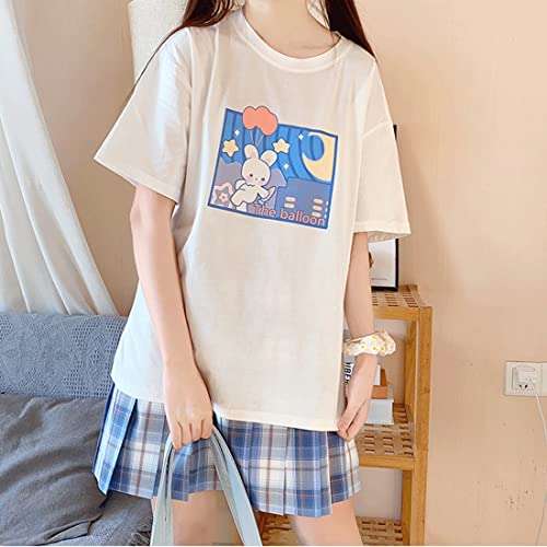 Image of Harajuku Style Kawaii Fashion Pastel Gothic Clothes Soft Crewneck Cartoon Bunny with Balloon Print T-Shirt M White