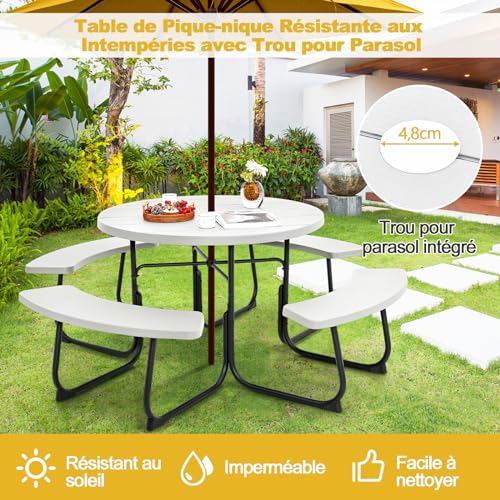 Table de pique-nique circulaire de jardin blanche avec bancs intégrés COSTWAY