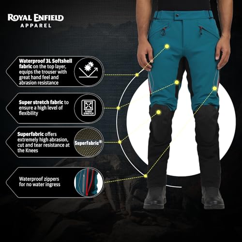 Image of Royal Enfield ADVENTURER XT RIDING TROUSER| CE level 2 armor at knee & hip | High abrasion resistance 610 D cordura fabric | Superfabric at Knees | Waistband adjusters | TEAL 38 inch