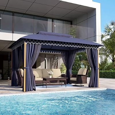 MIXPATIO 10x13 Outdoor Gazebo with Double Roofs, Sturdy Metal Frame Patio Soft Top Gazebo, Patio Canopy with Privacy Curtains & Mosquito Netting, Outdoor Canopy for Backyard, Lawn, Garden, Deck (Blue)