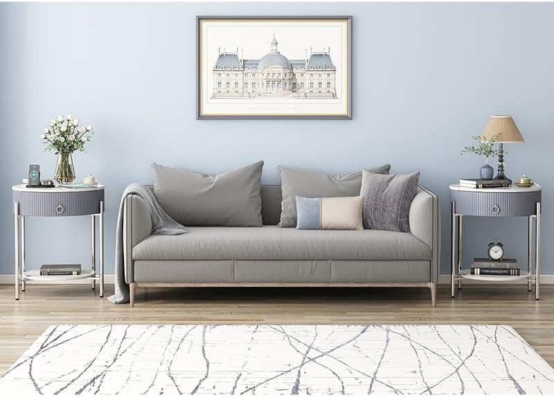 Miniatura 8 de OIOG Mesa auxiliar redonda con cajón, moderna mesita de noche con estante y patas de metal con acabado cromado, mesa auxiliar de 2 niveles para sala