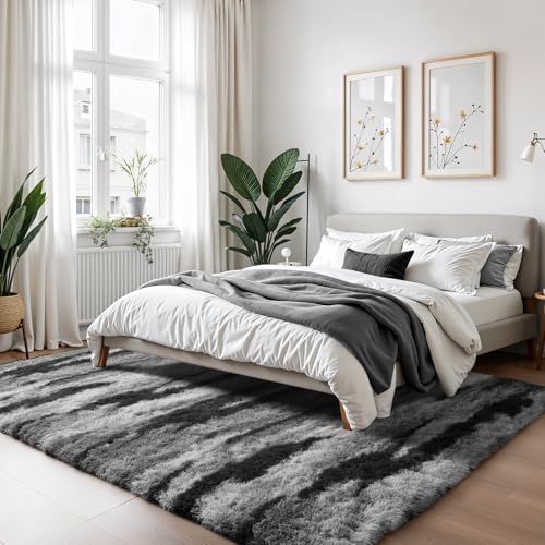 Zentavio Area Rugs for Living Room Large Rugs for Bedroom 5x8 Carpet Fluffy Fuzzy Soft Shag Aesthetic Plush High Pile Gray Throw Rug for Nursery Kids Room Dorm Waved Grey
