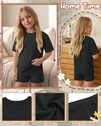 Image of Oakgarden Summer Outfits for Girls 5-14Y Athletic Casual Sets Kid Short Sleeve Shirt Bike Shorts 2 Piece Tween Trendy Clothes