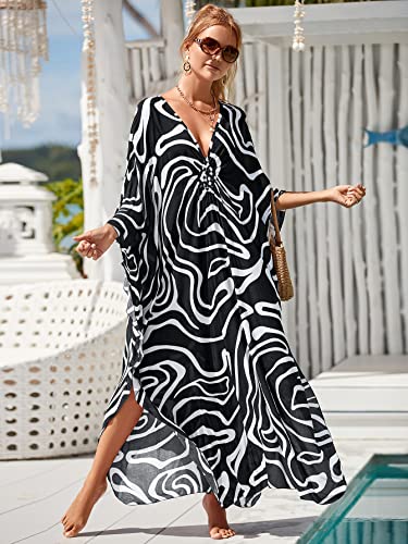 Image of sunforyou Kaftan Dresses for Women Plus Size Lightweight Swimsuit Cover up Batwing Sleeve Print Loungewear Beach Robe