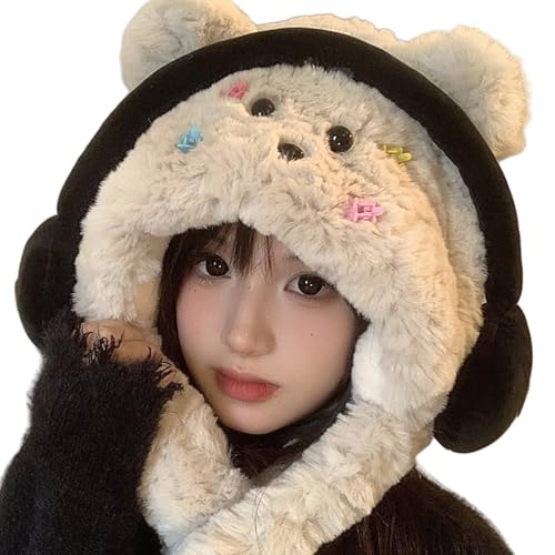 Qcbuegof Cappello di peluche per l'orso invernale in pile spesso copricapo con rottami auricolari, per adulti e adolescenti, c, Taglia unica