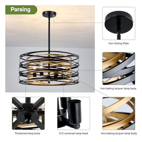 Image of 6- Light Chandeliers Industrial Metal Hanging Light Fixture 19 Inch Farmhouse Chandeliers for Dining Room Black and Gold Pendant Light for Entryway Kitchen Foyer Bedroom