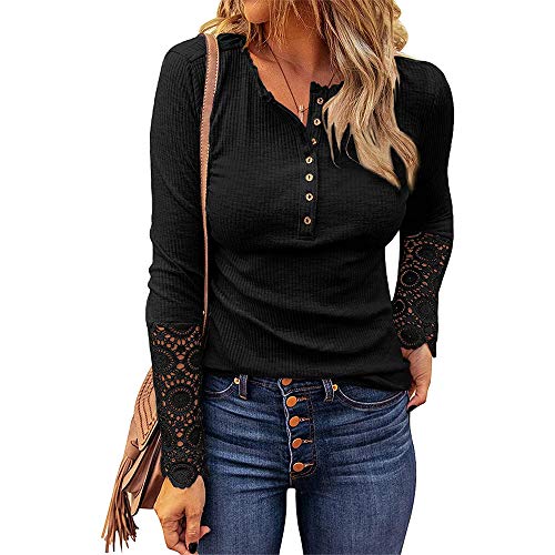iMixCity-Camicia-Henley-a-Manica-Lunga-da-Donna-Elegante-Scollo-a-V-Camicetta-Top-a-Tunica-con-T-Shirt-in-Pizzo-Patchwork-Casuale-Camicia-con-Bottoni