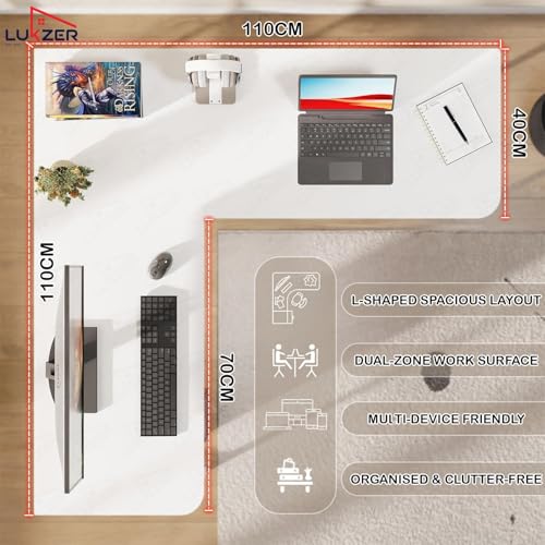 Image of Lukzer Engineered Wood L-Shaped Corner Study and Computer Laptop Table for Home or Office | MST-007 /White & White | Multi-Functional Gaming Station and WFH Desk with Metal Frame