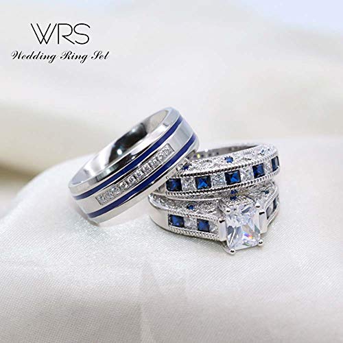 wedding ring set Two Rings His Hers Couples Matching Rings Women's 2pc White Gold Filled CZ Wedding Engagement Ring Bridal Sets Men's Stainless Steel Wedding Band4