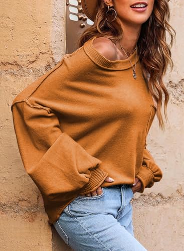 EVALESS Women's 2024 Lantern Long Sleeve Crewneck Sweater Casual Solid Color Ribbed Hem Knitwear Pullover Cropped Tops3