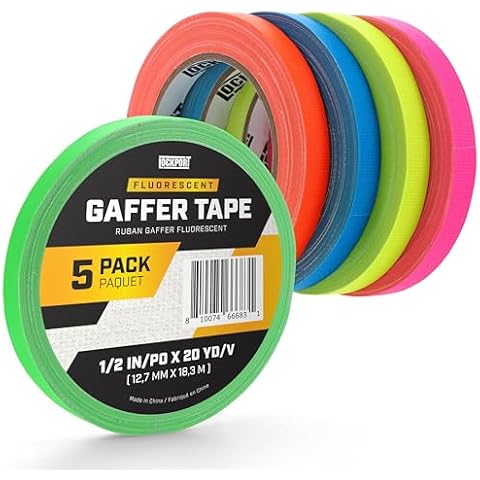 Lockport 5-Pack Multicolor Fluorescent Gaffers Tape - Spike Tape 1/2 Inch X 20 Yards - Multipurpose Bright Colors Gaffer - Colored Neon Gaff - No Residue - Easy to Tear Cover
